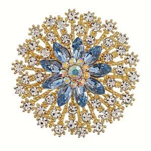 Gold-tone Blue Crystal Rhinestones Floral Statement Brooch Women’s Jewelry NWT